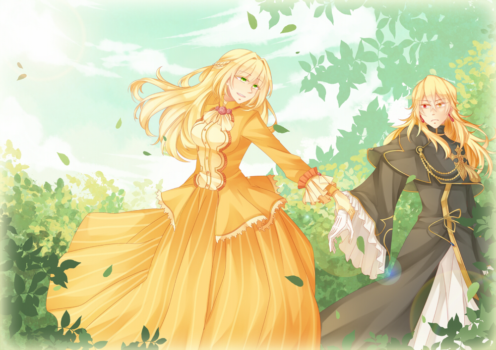 1girl ada_vessalius blonde_hair bow bush capelet dress earrings formal gloves green_eyes hair_ribbon heterochromia holding_hands jewelry leaf long_hair open_mouth pandora_hearts red_eyes ribbon smile tree vincent_nightray yellow_eyes