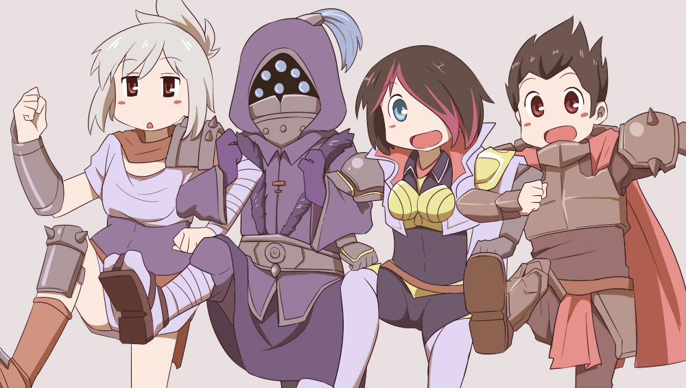2girls armor blush_stickers boots brown_hair darius_(league_of_legends) fiora_laurent gloves hair_over_one_eye half_updo highlights hood hyadain_no_joujou_yuujou jax_(league_of_legends) league_of_legends locked_arms marching mask multicolored_hair multiple_boys multiple_girls nichijou open_mouth parody red_eyes red_hair riven_(league_of_legends) shoulder_spikes silver_hair spikes style_parody triangle_mouth zhainan_s-jun