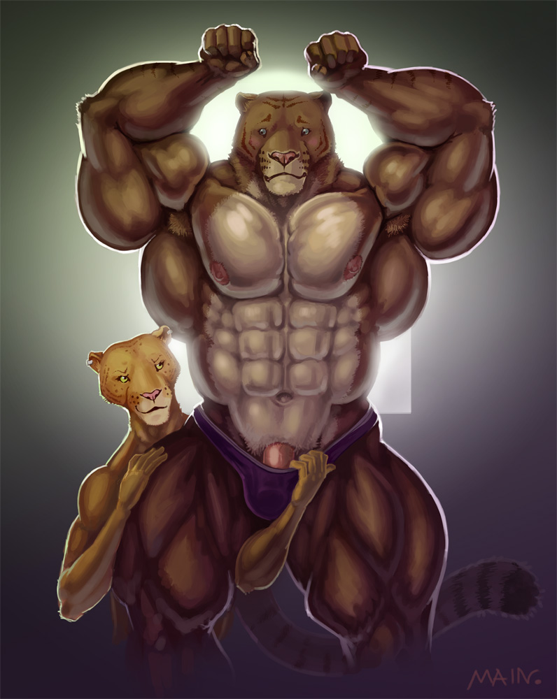 2011 abs anthro armpit_hair armpits arms_above_head barefoot beefcake biceps big_muscles blush bodybuilder bulge caressing clothed clothing duo erection eye_contact feline female fist from_behind fur grasp grin grope half-dressed herc_the_liger huge_muscles hybrid kneeling liger mainlion male mammal manly muscles nanette_the_liger navel nipples pecs penis piercing pose presenting raised_arm ripped shadow shiny smile speedo spread_legs spreading standing straight stripes submissive swimsuit toned topless underwear vein veiny_penis