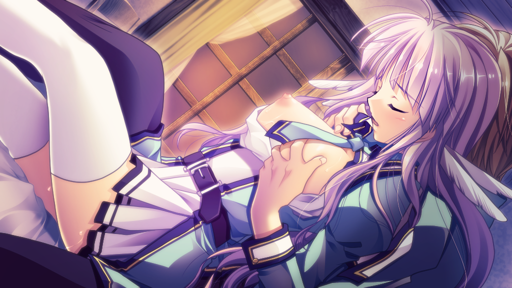 1girl between_legs breast_grab breasts breasts_outside character_request copyright_request grabbing nipples purple_hair thighhighs white_legwear yamamoto_kazue
