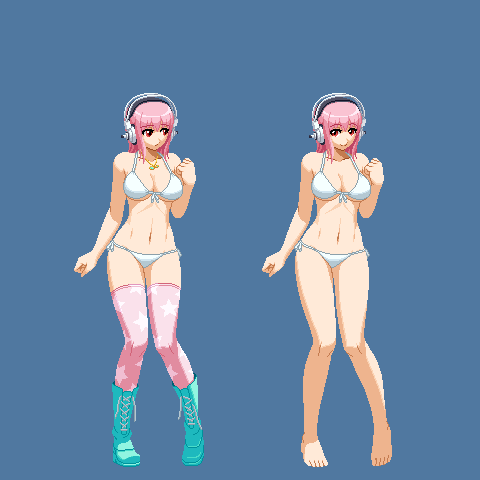 1girl aoi_ship barefoot bikini blue_background blush boots breasts cleavage commentary_request front-tie_bikini_top front-tie_top headphones large_breasts long_hair looking_at_viewer lowres navel nitroplus pink_hair pink_thighhighs pixel_art red_eyes side-tie_bikini_bottom simple_background smile solo standing star_(symbol) star_print super_sonico swimsuit thighhighs white_bikini