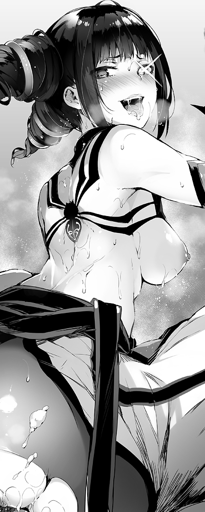 ahegao bare_shoulders blush breasts breasts_outside cum cum_on_ass drill_hair glowing glowing_eye greyscale halter_top halterneck han_juri medium_breasts monochrome nipples pyon-kichi sex shirt_lift solo street_fighter street_fighter_iv_(series) sweat tongue tongue_out torn_clothes twin_drills