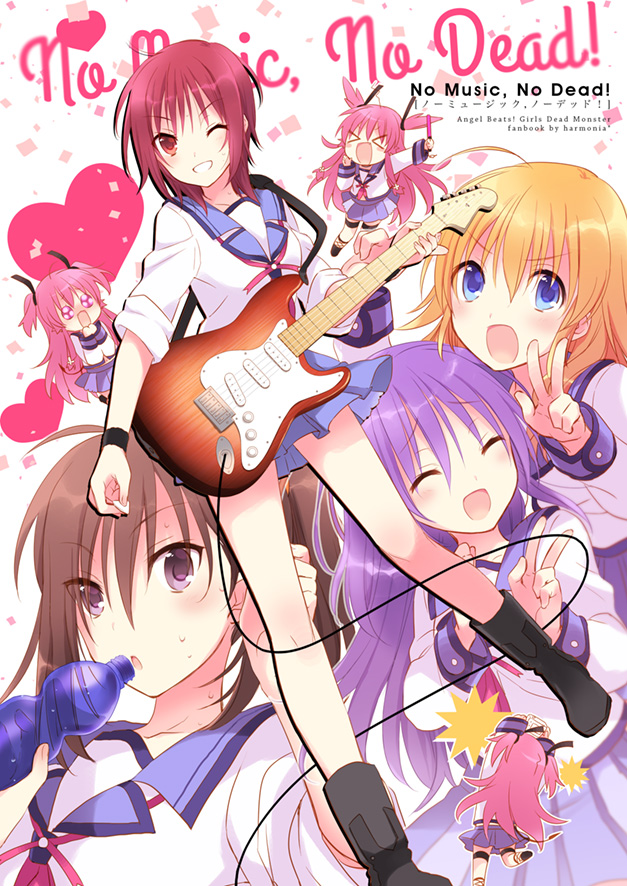 angel_beats! black_eyes blonde_hair blue_eyes bottle brown_hair closed_eyes guitar harmonia hisako_(angel_beats!) instrument irie_(angel_beats!) iwasawa multiple_girls ponytail purple_hair red_eyes red_hair school_uniform sekine serafuku shinda_sekai_sensen_uniform short_hair sleeves_rolled_up v yui_(angel_beats!)