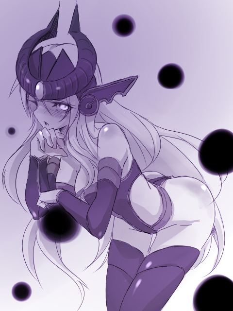 1girl :o ass bare_shoulders blush body_blush breasts cleavage clothing_cutout commentary_request cowboy_shot detached_sleeves ear_protection energy_ball fake_horns floating forehead_jewel forehead_protector from_side gem horned_headwear horns large_breasts league_of_legends leotard long_hair monochrome mori_shin_risuku open_mouth profile purple_theme side_cutout sketch solo strapless syndra telekinesis thigh_gap thighhighs thong_leotard very_long_hair