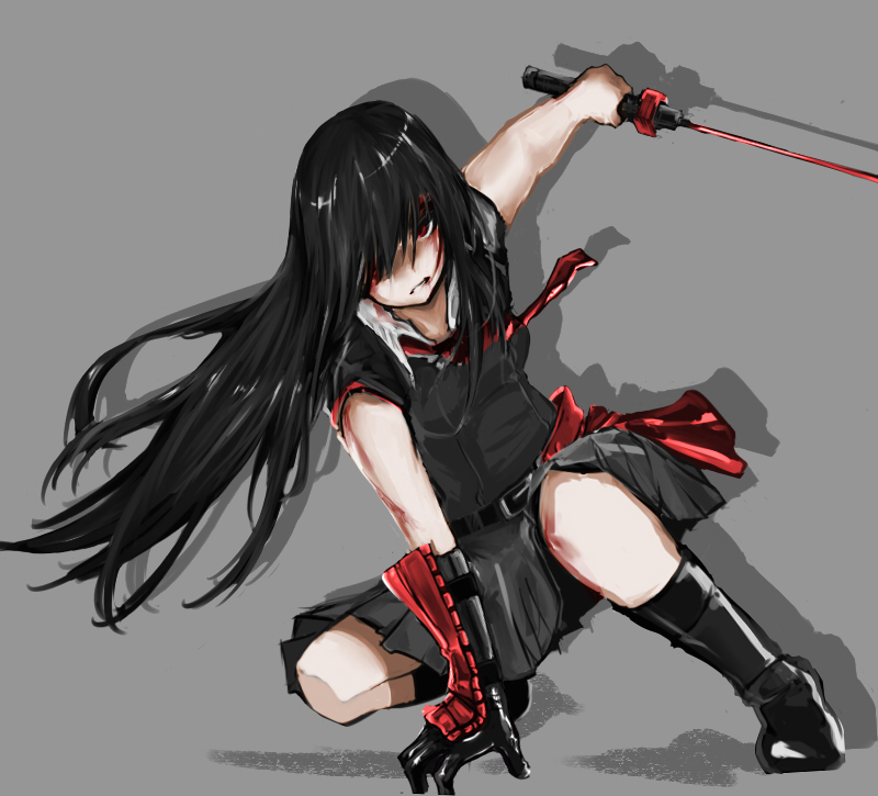 akame akame_ga_kill! bad_id bad_pixiv_id belt black_gloves black_hair blood blood_on_face boots breasts fitz_(fita_is_the_smartest) gloves hair_over_one_eye injury katana long_hair loose_necktie necktie one_knee red_eyes single_glove skirt small_breasts solo sword vambraces weapon