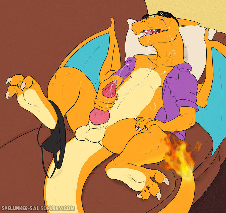 balls bodily_fluids charizard claws clothing cum dragon furniture generation_1_pokemon genital_fluids genitals jockstrap male mythological_creature mythological_scalie mythology nintendo penis pokemon pokemon_(species) reptile scalie sofa spelunker_sal underwear wings