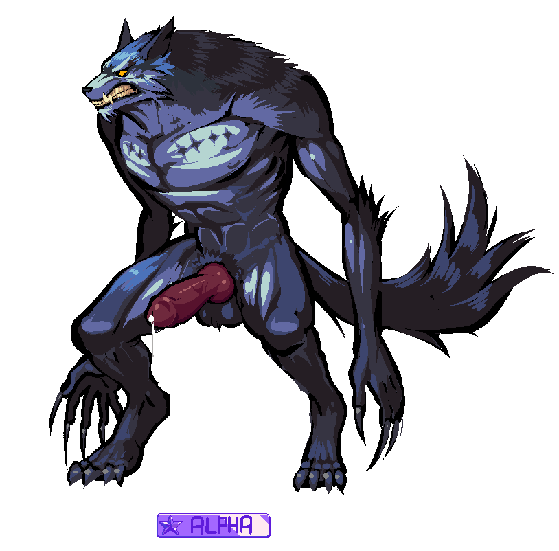 abs angry animal_genitalia anthro balls big_penis blue_fur canine canine_penis claws clenched_teeth digitigrade dripping erect_penis fur knot long_arms male mammal muscles orange_eyes penis precum s-purple scar solo teeth wolf