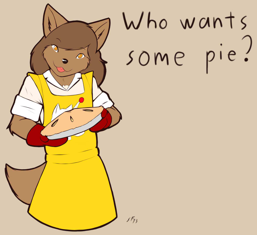 amber_eyes apron black_nose brown_fur brown_hair canine clothing female florence_ambrose fur hair mammal open_mouth oven_mitts pie shirt solo starfighter white_fur wolf