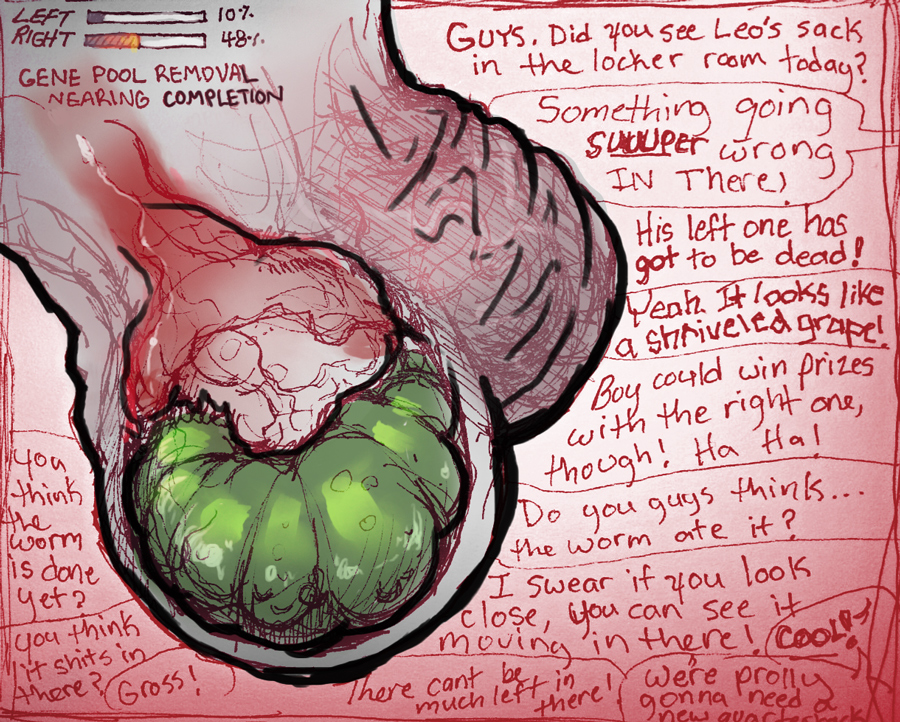 balls big_balls blood castration close-up cock_and_ball_torture dialog drugged duo_focus eating english_text gore group grub hard_vore lenexwants male nightmare_fuel parasite restrained size_difference text torture unknown_species vein vore