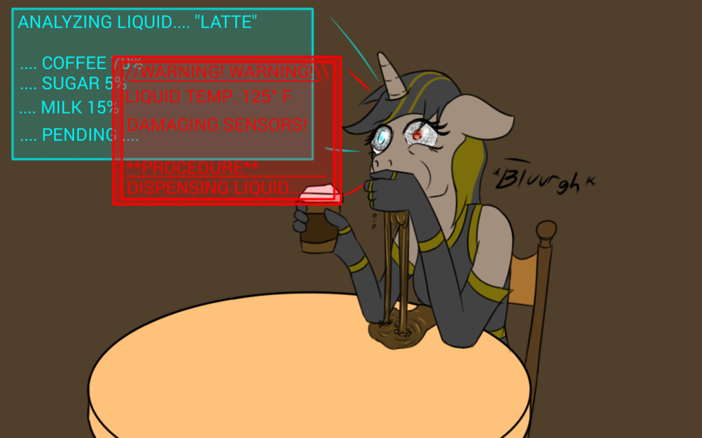 analyzing android anthro anthrofied coffee data equine hair horn horse invalid_tag liquid lovingwolf machine mammal mechanical my_little_pony original_character plain_background request robot sitting spill table unicorn
