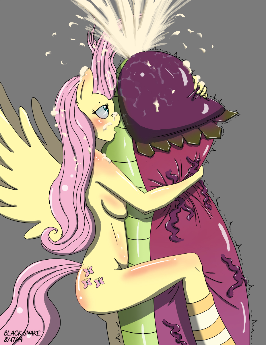 2014 anthro anthrofied blush breasts cum cumshot cutie_mark equine female fluttershy_(mlp) friendship_is_magic fur grey_background hair long_hair male mammal my_little_pony orgasm pegasus penis pink_hair plain_background rabbitcake size_difference straight vein wings yellow_fur