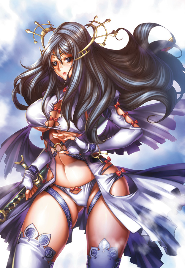 1girl black_hair breasts large_breasts long_hair looking_at_viewer momofuki_rio navel panties underwear