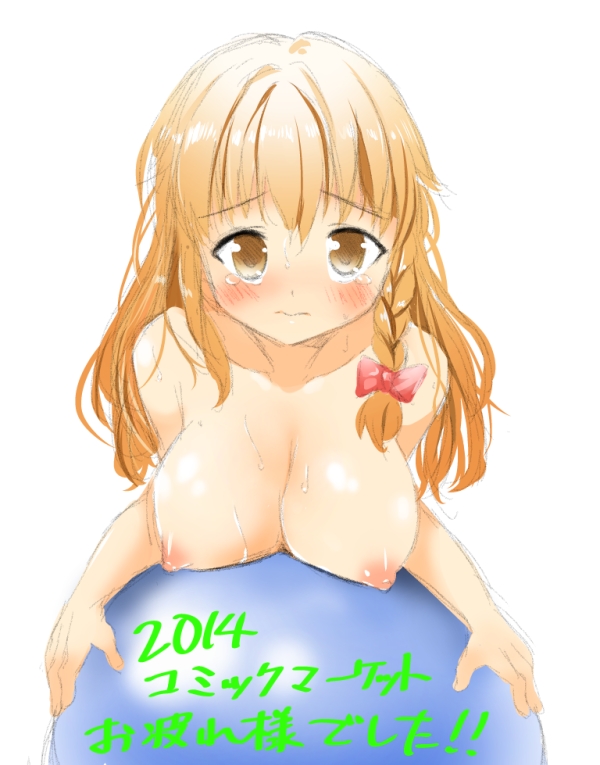 blonde_hair blush bow braid breasts hair_bow kirisame_marisa large_breasts long_hair looking_at_viewer nipples nude simple_background sketch solo tears toichi touhou translation_request