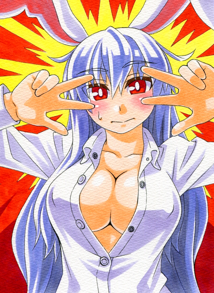 animal_ears blouse blush breasts bright_pupils bunny_ears covered_nipples double_v kawachi_koorogi large_breasts long_hair marker_(medium) no_bra open_clothes open_shirt purple_hair red_eyes reisen_udongein_inaba shirt skirt solo touhou traditional_media v v_over_eye