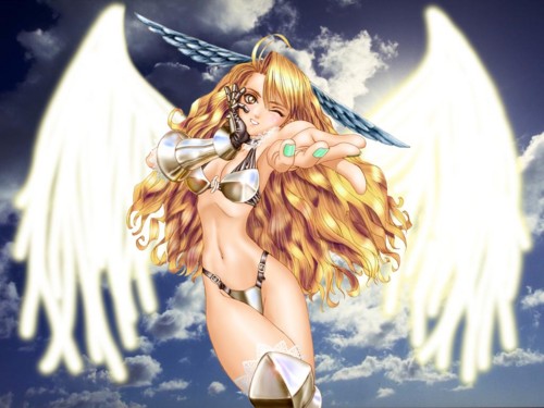 angel bikini blonde_hair head_wings headwings long_hair lowres swimsuit taka_tony tanaka_takayuki tony_taka wings wink