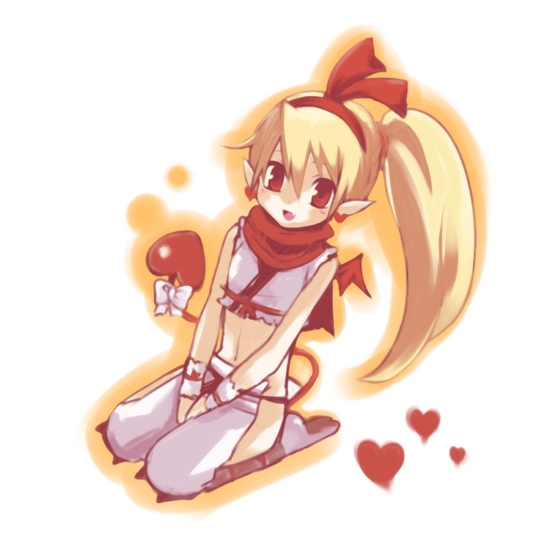 bad_id bad_pixiv_id bat_wings blonde_hair bow cosplay demon_girl disgaea fang flat_chest flonne flonne_(fallen_angel) hair_ribbon heart kmj kunoichi_(disgaea) kunoichi_(disgaea)_(cosplay) long_hair pointy_ears ponytail red_eyes red_wings ribbon seiza sitting solo tail tail_bow wings