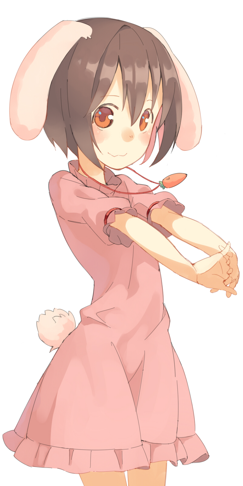 1girl :3 alternate_hair_color animal_ears blush brown_hair bunny_ears bunny_tail carrot carrot_necklace cowboy_shot cracking_knuckles dress inaba_tewi jewelry looking_at_viewer necklace outstretched_arms pink_dress red_eyes seu_(hutotomomo) short_hair simple_background smile solo tail touhou white_background