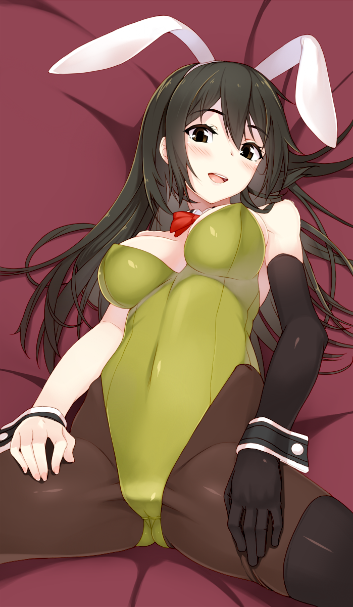alternate_costume animal_ears black_gloves black_hair black_legwear blush bow bowtie breasts brown_eyes bunny_ears bunnysuit chikuma_(kantai_collection) cleavage covered_navel detached_collar elbow_gloves gin_(ginshari) gloves hands_on_thighs highres kantai_collection large_breasts long_hair looking_at_viewer pantyhose single_elbow_glove single_thighhigh smile solo spread_legs thighhighs thighhighs_over_pantyhose wrist_cuffs