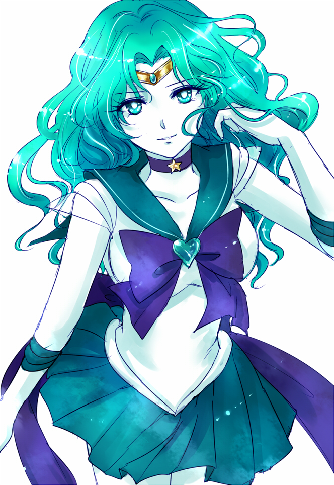 back_bow bishoujo_senshi_sailor_moon blue_eyes blue_hair blue_skirt bow choker ginnan gloves heart kaiou_michiru long_hair looking_at_viewer magical_girl ribbon sailor_neptune sailor_senshi_uniform simple_background skirt solo star star_choker super_sailor_neptune tiara white_background white_gloves