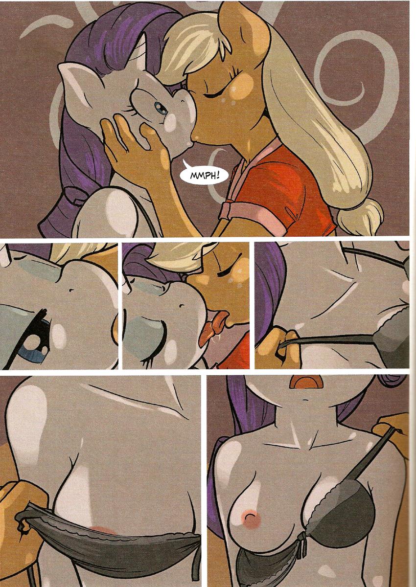 ajin applejack_(mlp) breasts clothed clothing dialog english_text female friendship_is_magic kissing my_little_pony nipples nude rarity_(mlp) skimpy text undressing