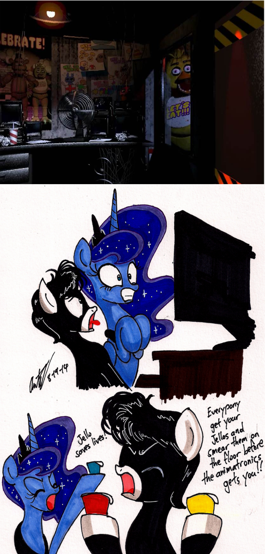 2014 anthro avian bear bird chica_(fnaf) creepy crossover english_text equine female five_nights_at_freddy's freddy_(fnaf) friendship_is_magic horn horse machine male mammal mechanical my_little_pony newyorkx3 original_character pony princess_luna_(mlp) robot text winged_unicorn wings