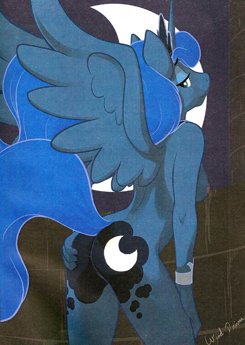 ajin anthro anthrofied armwear blue_body breasts cutie_mark dark_background equine female friendship_is_magic from_behind grabbing_butt horn horse looking_back mammal moon my_little_pony nipples pony princess princess_luna_(mlp) pussy royalty