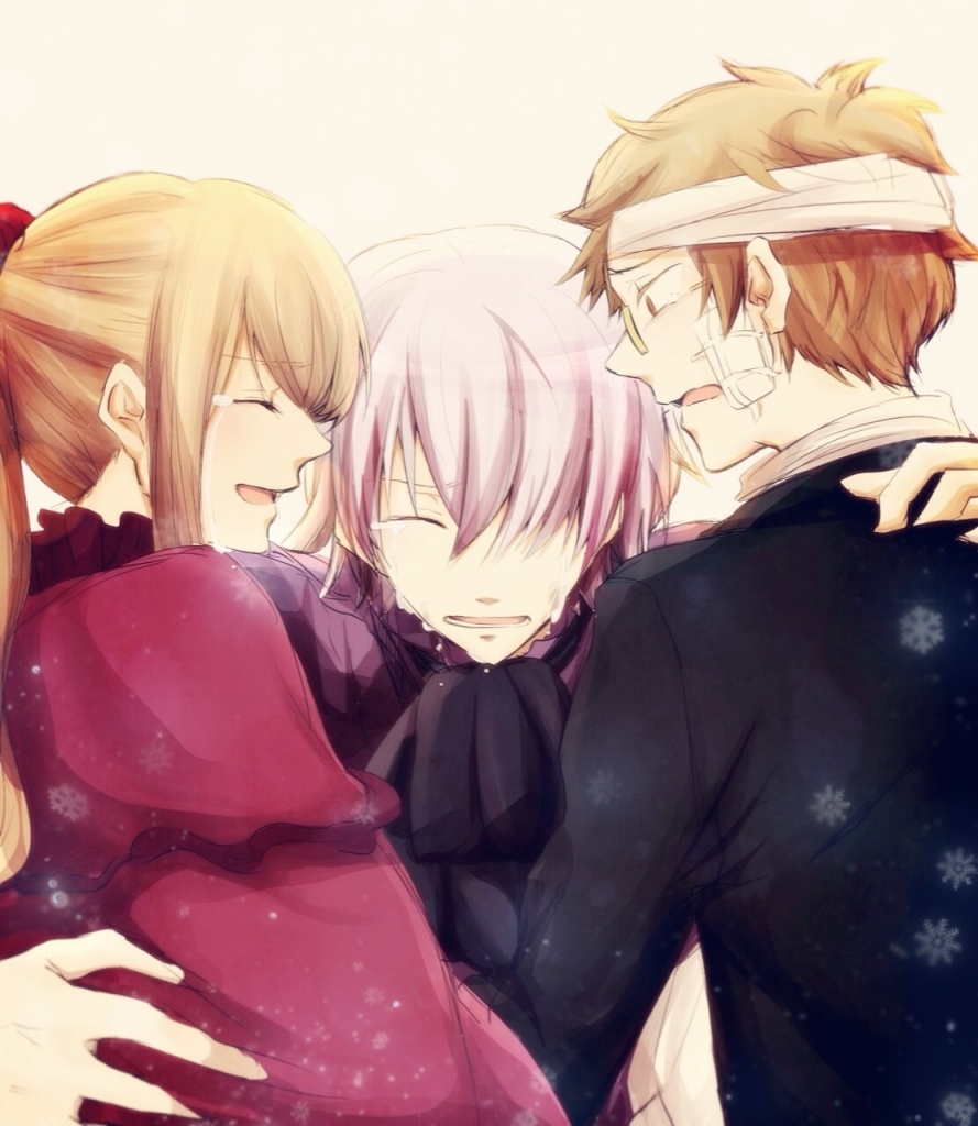 2boys bandages brown_hair capelet crying dress formal glasses group_hug hair_over_one_eye hug liam_lunettes long_hair multiple_boys pandora_hearts ponytail ribbon sharon_rainsworth short_hair silver_hair spoilers tears xerxes_break