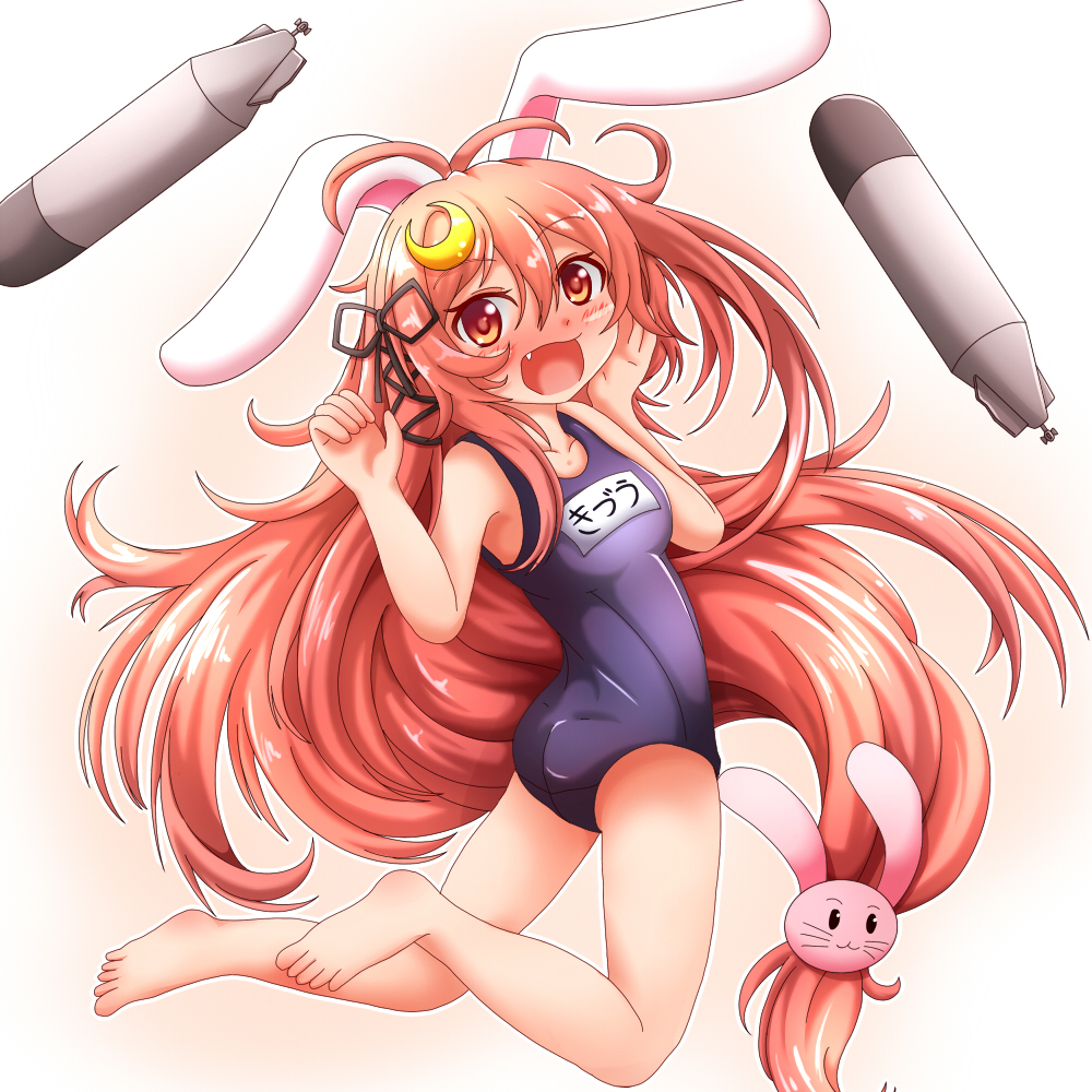 alternate_costume animal_ears bunny_ears bunny_hair_ornament crescent crescent_hair_ornament hair_ornament kantai_collection long_hair low-tied_long_hair red_eyes red_hair school_swimsuit shiruzu_(sk10102194) swimsuit torpedo uzuki_(kantai_collection) very_long_hair