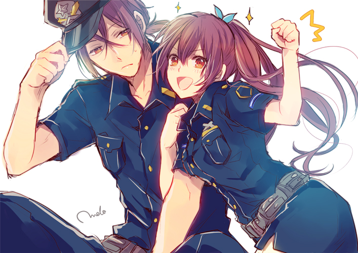 1girl bad_id bad_pixiv_id brother_and_sister clenched_hand free! future_fish hat matsuoka_gou matsuoka_rin melo_(m_0514) open_mouth police police_hat police_uniform ponytail raised_fist red_eyes red_hair siblings smile sparkle uniform