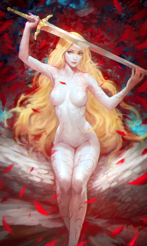 arms_up bad_id bad_pixiv_id blonde_hair breasts crossed_ankles groin holding holding_sword holding_weapon kilart knees_together long_hair medium_breasts no_nipples nude original petals sitting smile solo sword tattoo very_long_hair weapon yellow_eyes