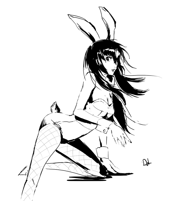 alternate_hair_length alternate_hairstyle animal_ears bare_shoulders breasts bunny_ears bunny_tail bunnysuit cleavage dh_(brink_of_memories) fishnet_pantyhose fishnets greyscale hair_over_one_eye long_hair monochrome one_knee pantyhose persona persona_4 persona_x_detective shirogane_naoto sketch small_breasts solo tail wrist_cuffs