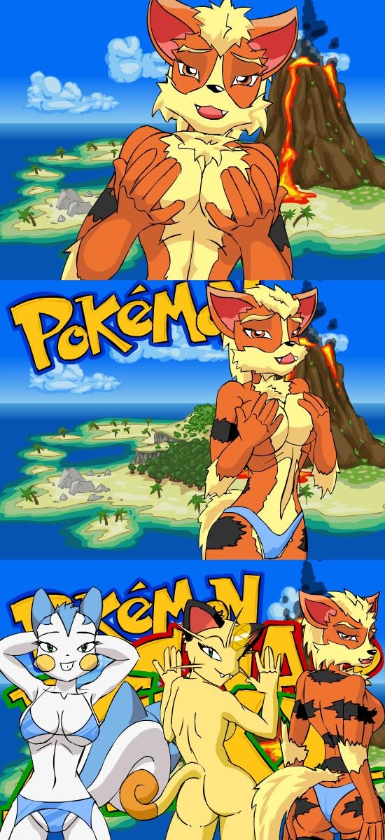 against_wall anthro arcanine arms_behind_head back back_turned bikini black_nose breasts butt canine chest_tuft clothed clothing covering covering_breasts fangs female frontal_view fur green_eyes group island looking_at_viewer looking_back mammal meowth nintendo nude orange_body orange_eyes pachirisu pikanjo pok&eacute;mon pok&eacute;mon_snap pok&eacute;morph rodent side_boob skimpy squirrel standing stripes swimsuit teeth topless tuft video_games volcano white_body yellow_body