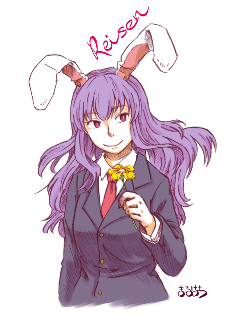 animal_ears artist_name blazer bunny_ears character_name extra_ears flower jacket long_hair maruhachi_(maruhachi_record) necktie purple_hair red_eyes red_neckwear reisen_udongein_inaba simple_background skirt smile solo touhou white_background