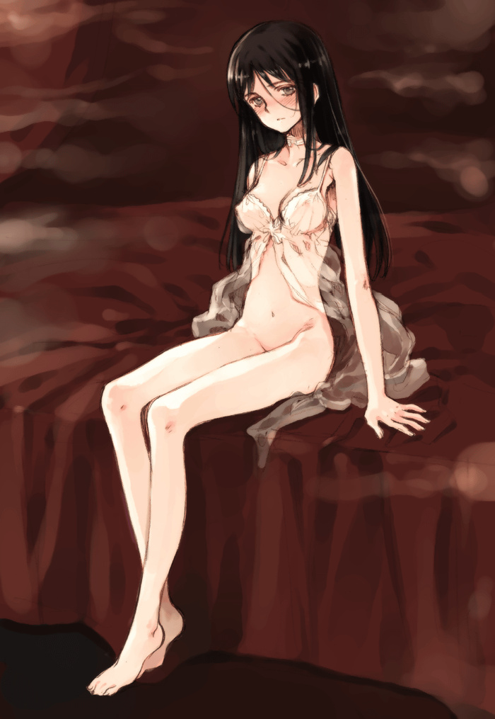 babydoll bangs bare_legs bare_shoulders barefoot bed black_hair blush bottomless breasts choker cleavage covered_nipples curtains full_body game_cg grey_eyes groin hair_between_eyes indoors lace legs li_shuhua light_smile lingerie long_hair long_legs looking_at_viewer medium_breasts navel ooyari_ashito open_clothes quartett! see-through sitting skinny slim_legs smile smoke solo underwear underwear_only