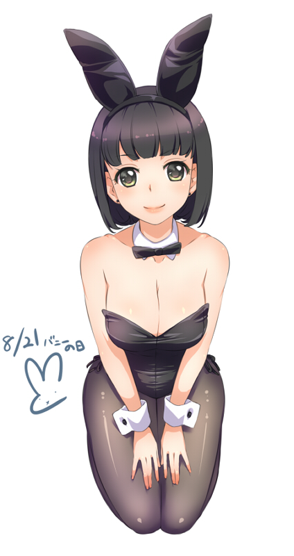 animal_ears black_eyes black_hair breasts bunny_ears bunnysuit cleavage detached_collar kawagoe_pochi large_breasts original pantyhose short_hair sketch solo wrist_cuffs