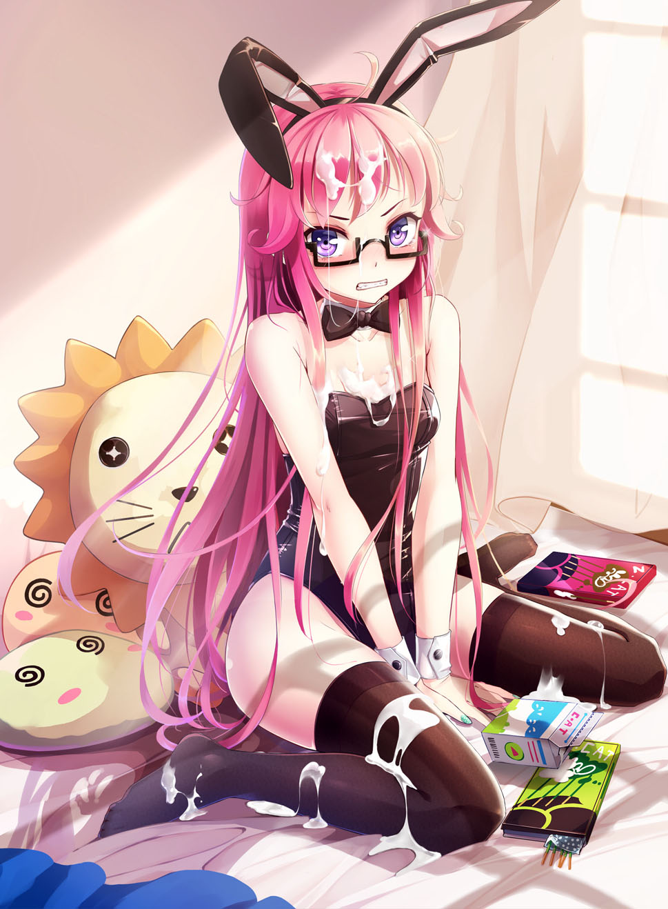 angry animal_ears bare_shoulders bared_teeth bed bow bowtie breasts brown_legwear bunny_ears bunnysuit character_request collar curtains fake_animal_ears food glasses highres long_hair looking_at_viewer milk million_arthur_(series) nail_polish official_art pink_hair pocky purple_eyes sitting small_breasts socks solo suggestive_fluid thighhighs wait wariza window wrist_cuffs