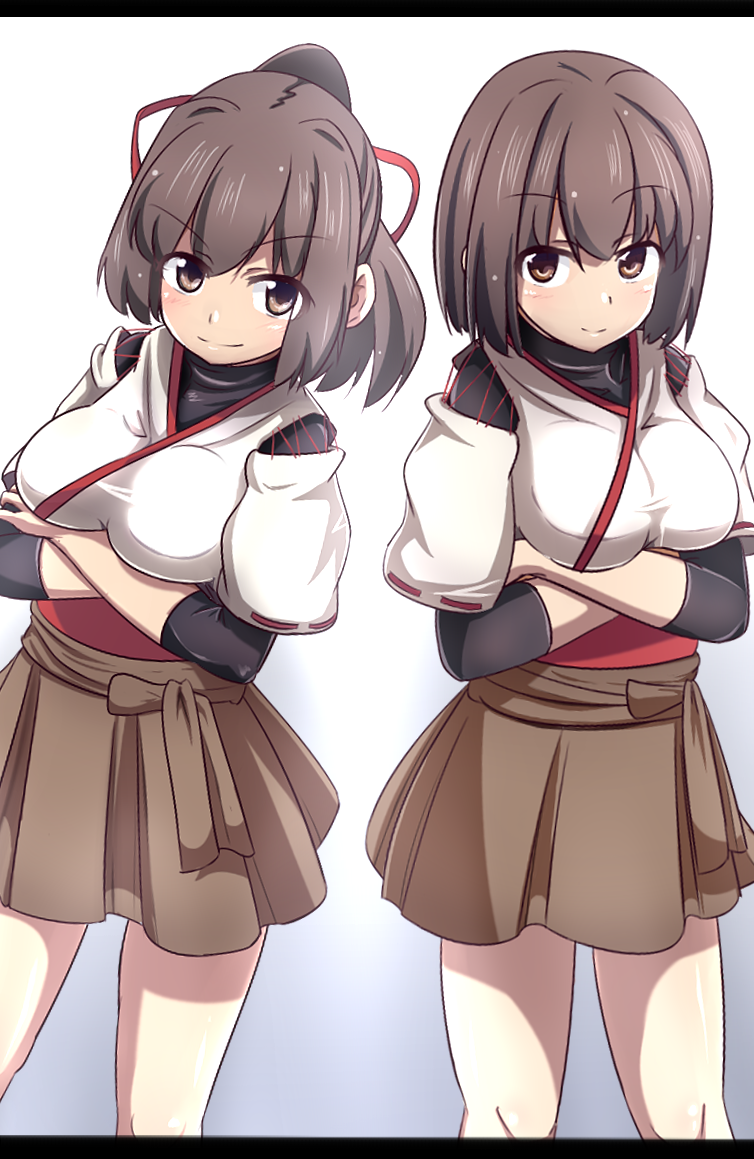 blouse breasts brown_eyes brown_hair crossed_arms hard hyuuga_(kantai_collection) ise_(kantai_collection) japanese_clothes kantai_collection long_hair medium_breasts multiple_girls ponytail short_hair skirt smile