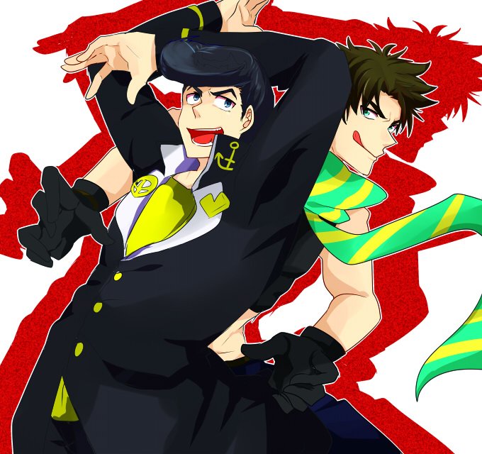 2boys black_hair blue_eyes brown_hair commentary_request diamond_wa_kudakenai father_and_son gakuran gloves green_eyes higashikata_josuke jojo_no_kimyou_na_bouken joseph_joestar joseph_joestar_(young) licking_lips mikuro_(735012388) multiple_boys pompadour school_uniform standing time_paradox tongue tongue_out