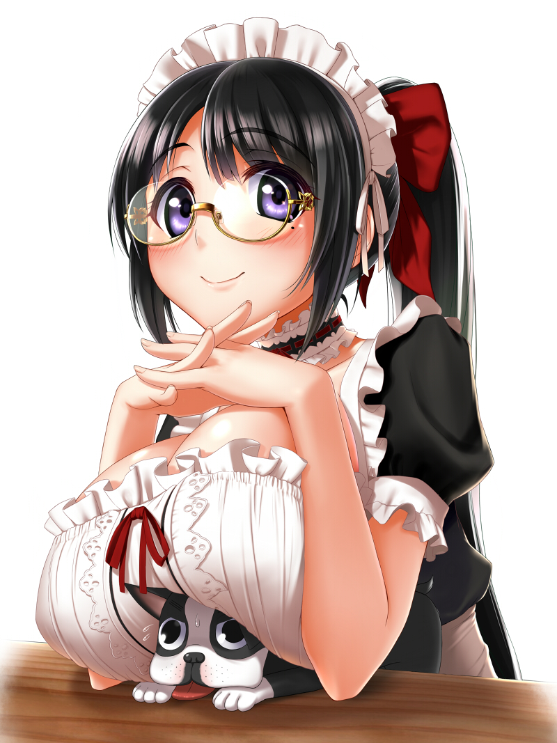 black_hair blue_eyes bow breast_smother breasts dog glasses hair_bow hands_clasped large_breasts long_hair looking_at_viewer maid mole mole_under_eye original own_hands_together ponytail semi-rimless_eyewear smile solo table takebi under-rim_eyewear