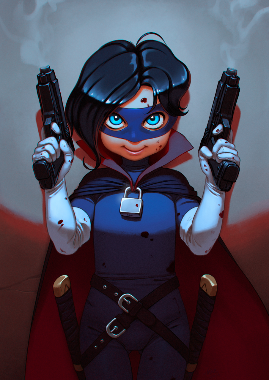 alkemanubis black_hair blood blue_eyes cape dual_wielding gloves gun handgun highres hit-girl holding kick-ass lock mask padlock pistol short_hair smoke smoking_gun sword weapon