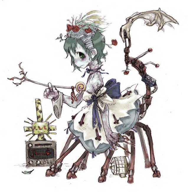 1girl birdcage cage flower green_eyes green_hair hairband kikai_(akita_morgue) lolita_fashion monster_girl multiple_legs panties photoshop_(medium) ribbon rose short_hair solo tail underwear