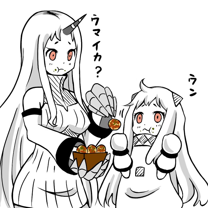 ahoge claws dress eating food horn horns kantai_collection long_hair mittens multiple_girls northern_ocean_hime red_eyes ribbed_dress ribbed_sweater roshiakouji-chan seaport_hime shinkaisei-kan short_dress sweater sweater_dress takoyaki translated white_hair white_skin