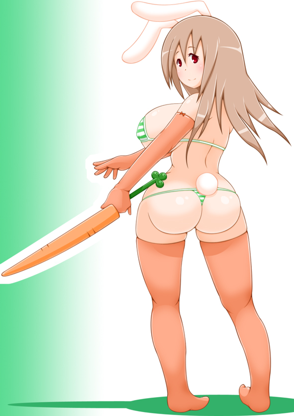 1girl animal_ears ass bikini breasts brown_hair bunny_ears bunny_girl bunny_tail carrot curvy elbow_gloves female from_behind gloves green_bikini huge_breasts long_hair looking_back original red_eyes solo standing striped striped_bikini striped_swimsuit swimsuit tail thighhighs weapon yuma-24