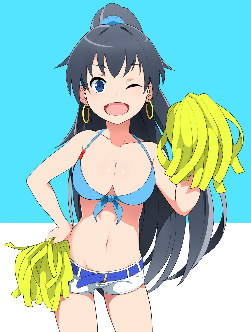 belt bikini_top black_hair blue_eyes breasts cleavage earrings fang front-tie_top ganaha_hibiki hand_on_hip haseneko highres idolmaster idolmaster_(classic) jewelry large_breasts long_hair looking_at_viewer navel one_eye_closed open_mouth pom_poms ponytail shiny shiny_skin short_shorts shorts solo