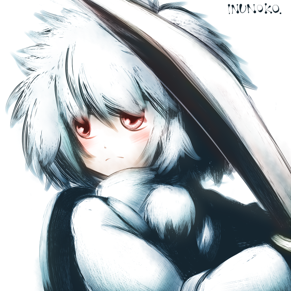 artist_name bad_id bad_pixiv_id inubashiri_momiji inunoko. looking_away pom_pom_(clothes) red_eyes short_hair simple_background solo sword touhou weapon white_background white_hair