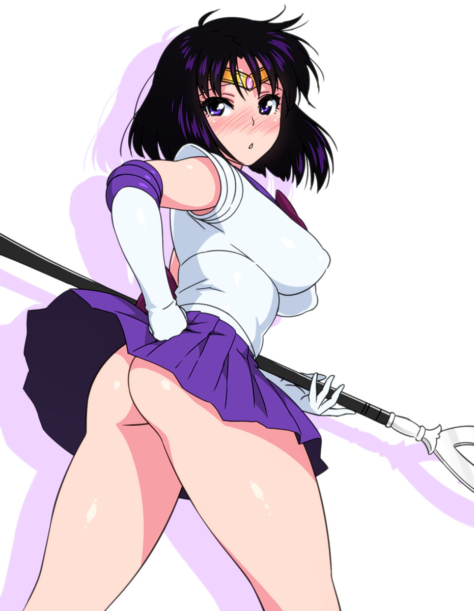 ass bishoujo_senshi_sailor_moon black_hair blush elbow_gloves from_behind gloves highres holding holding_spear holding_weapon jewelry jinroku looking_back magical_girl no_panties open_mouth polearm purple_eyes purple_sailor_collar purple_skirt sailor_collar sailor_saturn sailor_senshi_uniform short_hair silence_glaive skirt skirt_lift solo spear standing tiara tomoe_hotaru weapon white_gloves wind wind_lift