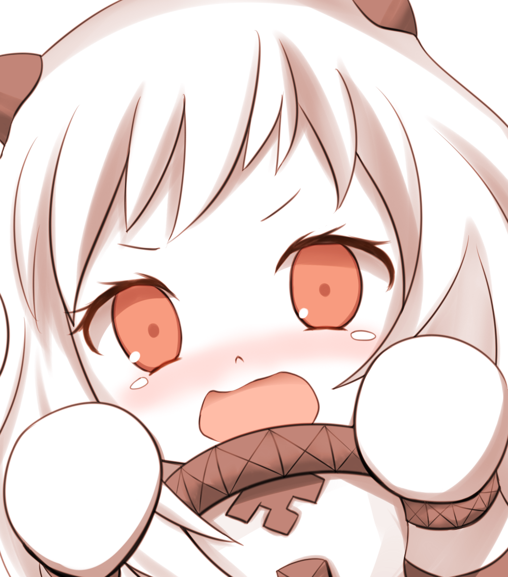 blush close-up dress gloves horns kantai_collection kuroganeruto long_hair looking_at_viewer mittens northern_ocean_hime open_mouth red_eyes shinkaisei-kan solo tears white_background white_dress white_gloves white_hair white_skin