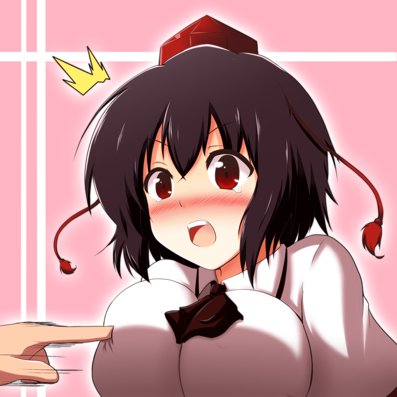 1girl ^^^ black_hair blush breasts commentary_request hat large_breasts open_mouth poco_(pocoyb) red_eyes shameimaru_aya short_hair solo_focus tokin_hat touhou