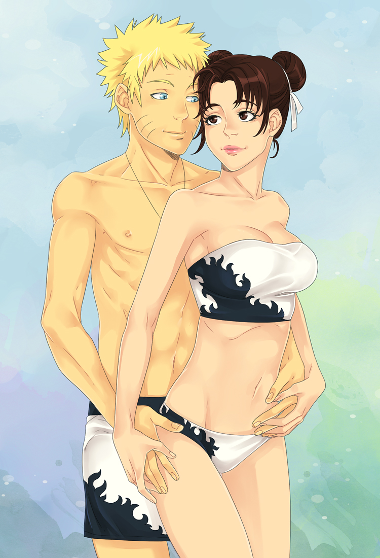 1boy 1girl bikini blonde_hair blue_eyes breasts brown_eyes brown_hair cleavage crylin double_bun jewelry midriff naruto navel necklace swimsuit tenten uzumaki_naruto