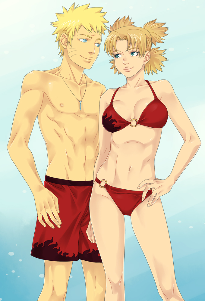 1boy 1girl bikini blonde_hair blue_eyes breasts crylin jewelry midriff naruto navel necklace quad_tails smile standing swimsuit temari uzumaki_naruto